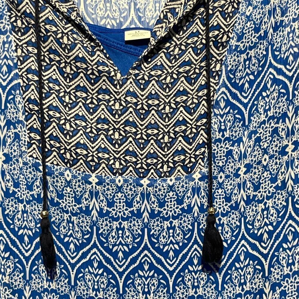 Liz Claiborne Womens Blue Tassel Tie Neck Tunic Sleeveless 2 in 1 Top Large Tall - Picture 7 of 12